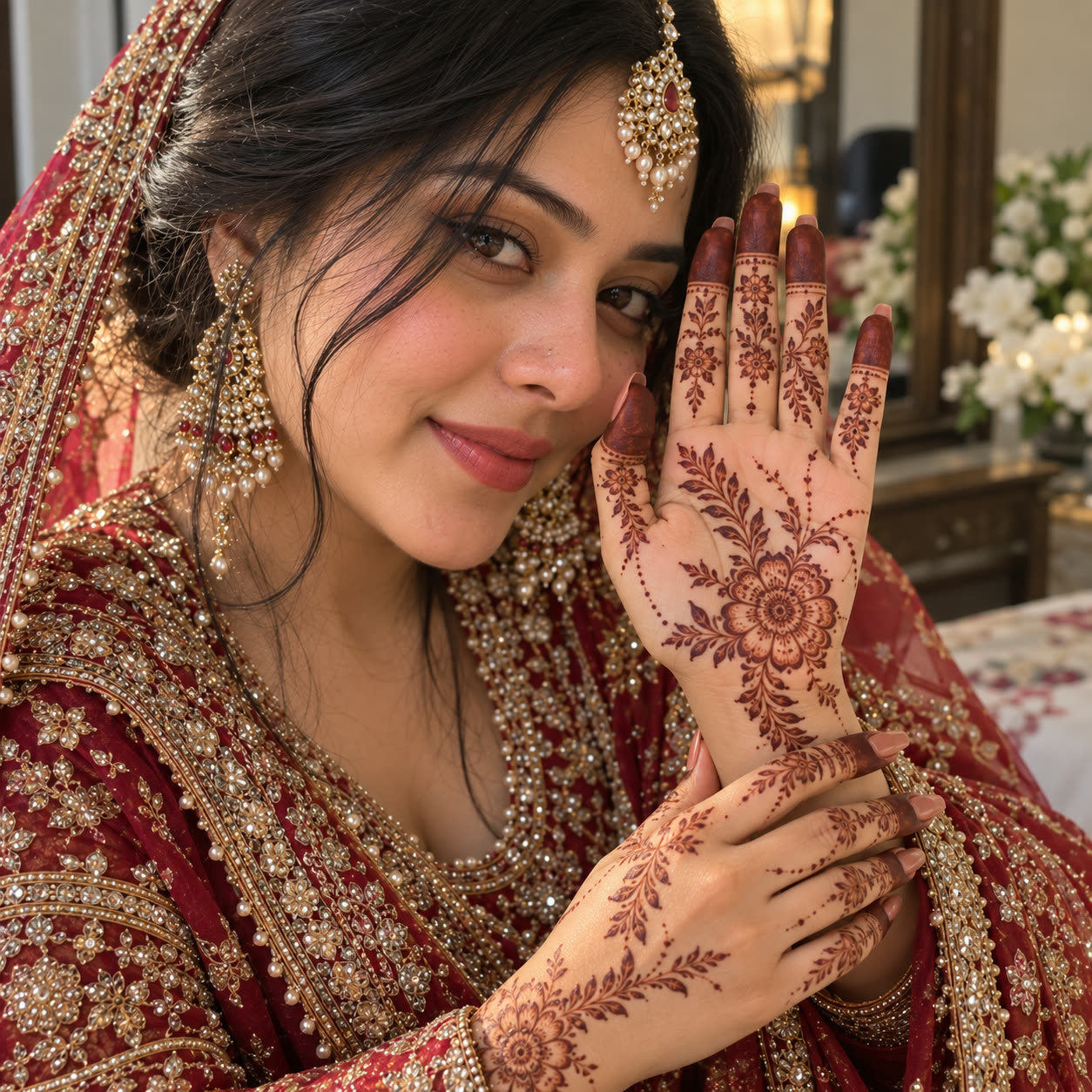 Bride in a red lehenga smiling, showing detailed bridal mehedi on her hands