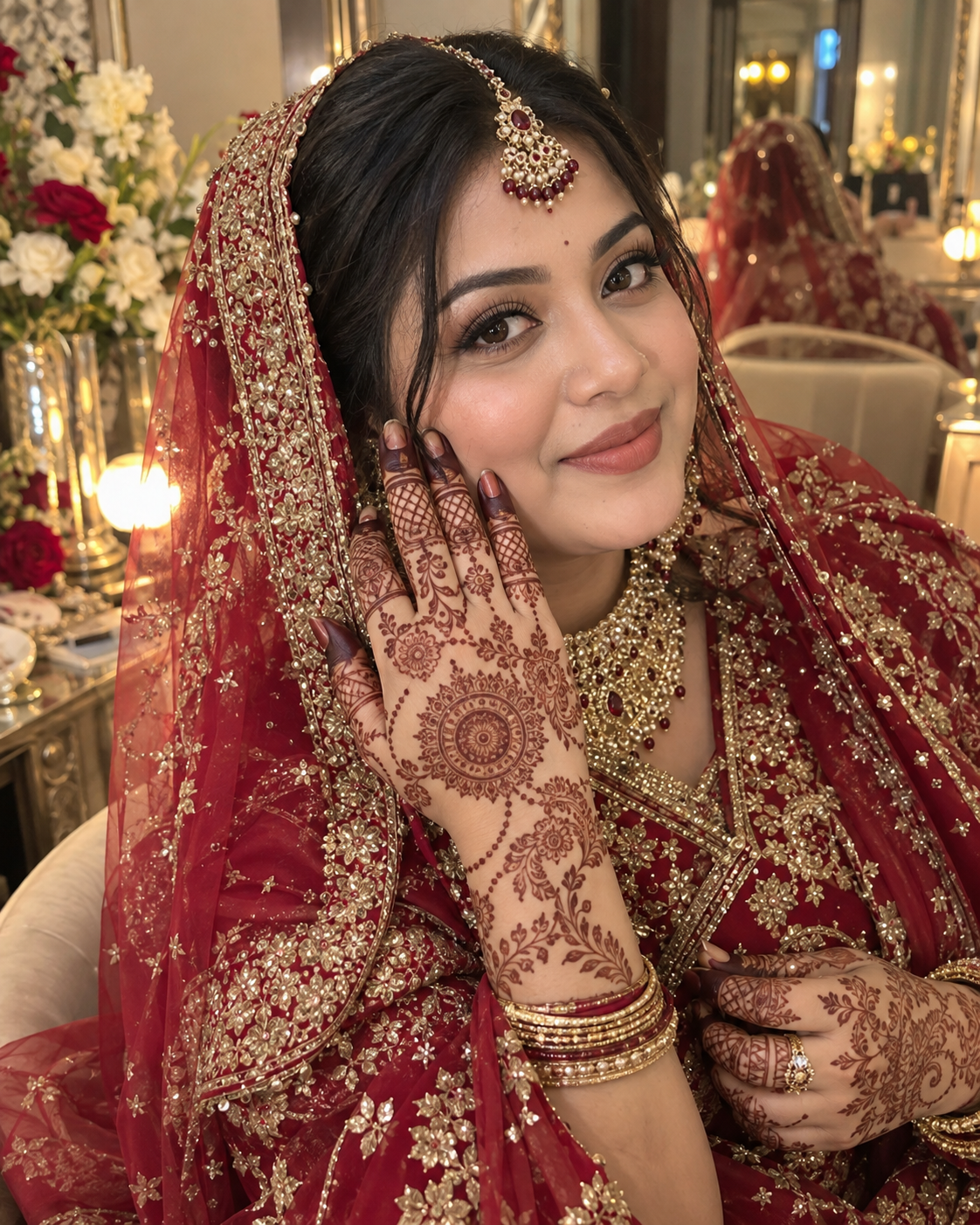 Bride in red with gold jewellery showing full bridal mehedi