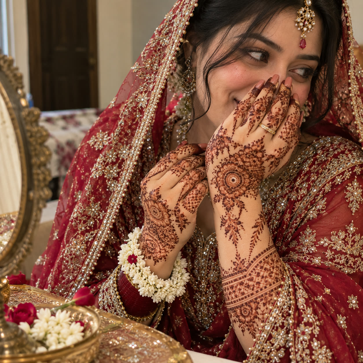 Bride in red lehenga hiding a smile behind full bridal mehedi