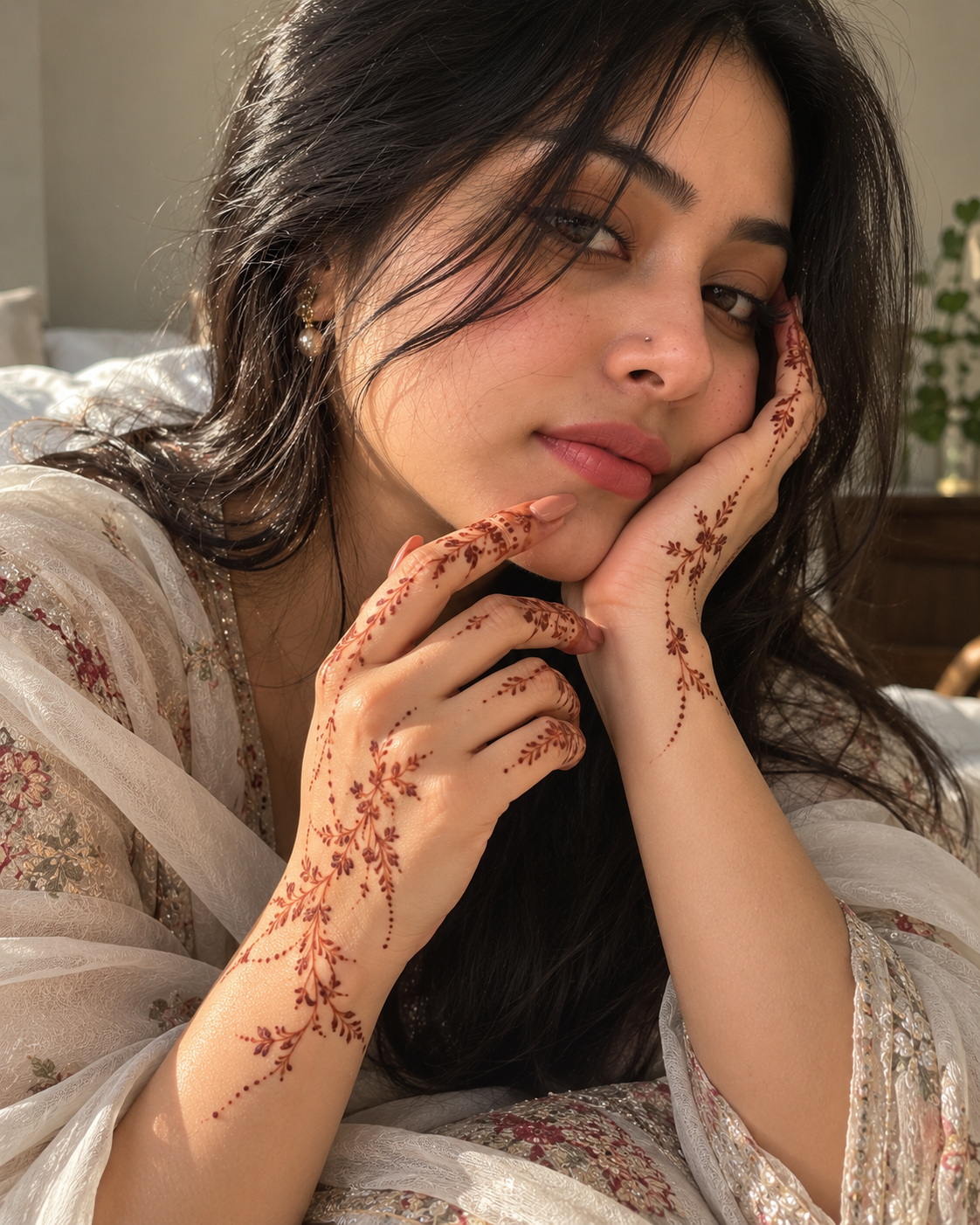 Delicate floral mehedi on both hands in soft morning light