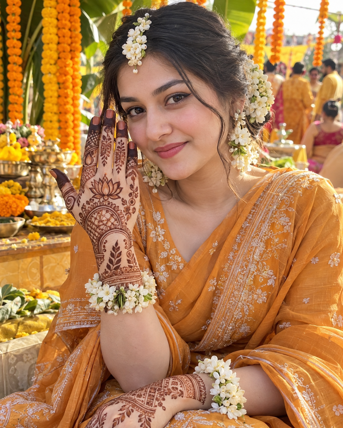 Holud bride in orange showing her mehedi palm among marigold garlands