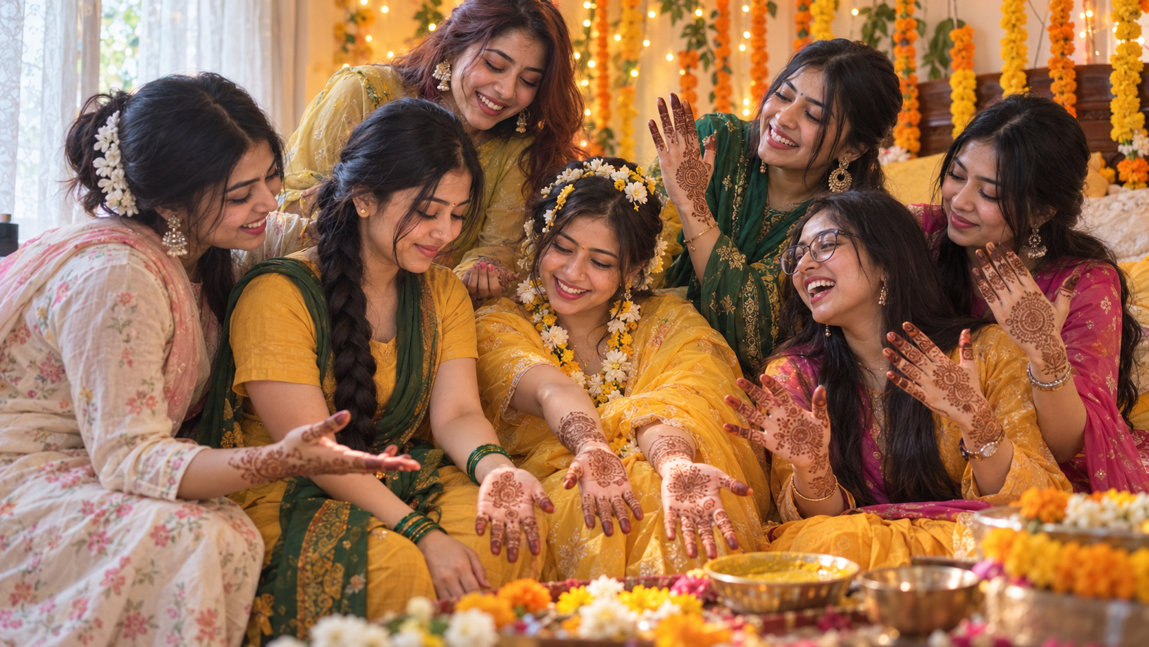Holud and party mehedi in warm, festive light