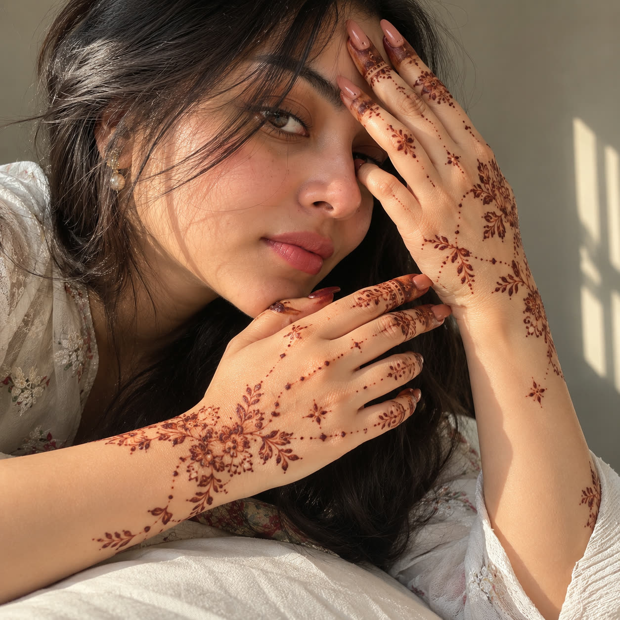 Soft floral mehedi on one hand and wrist