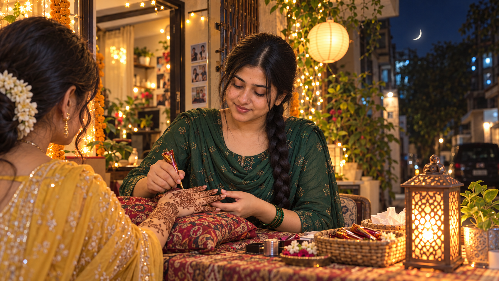 Tisha applying mehedi to a bride's hand in a warm, lantern-lit evening room